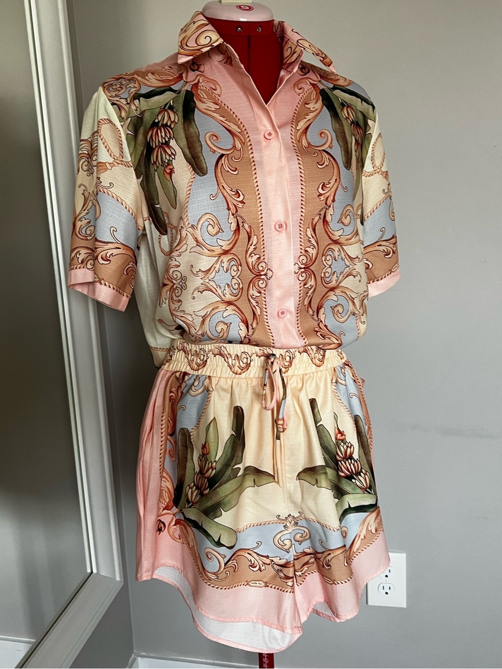 Faux FARM Rio Pink, Cream & Blue Printed Short Jumpsuit - Picture 2 of 9